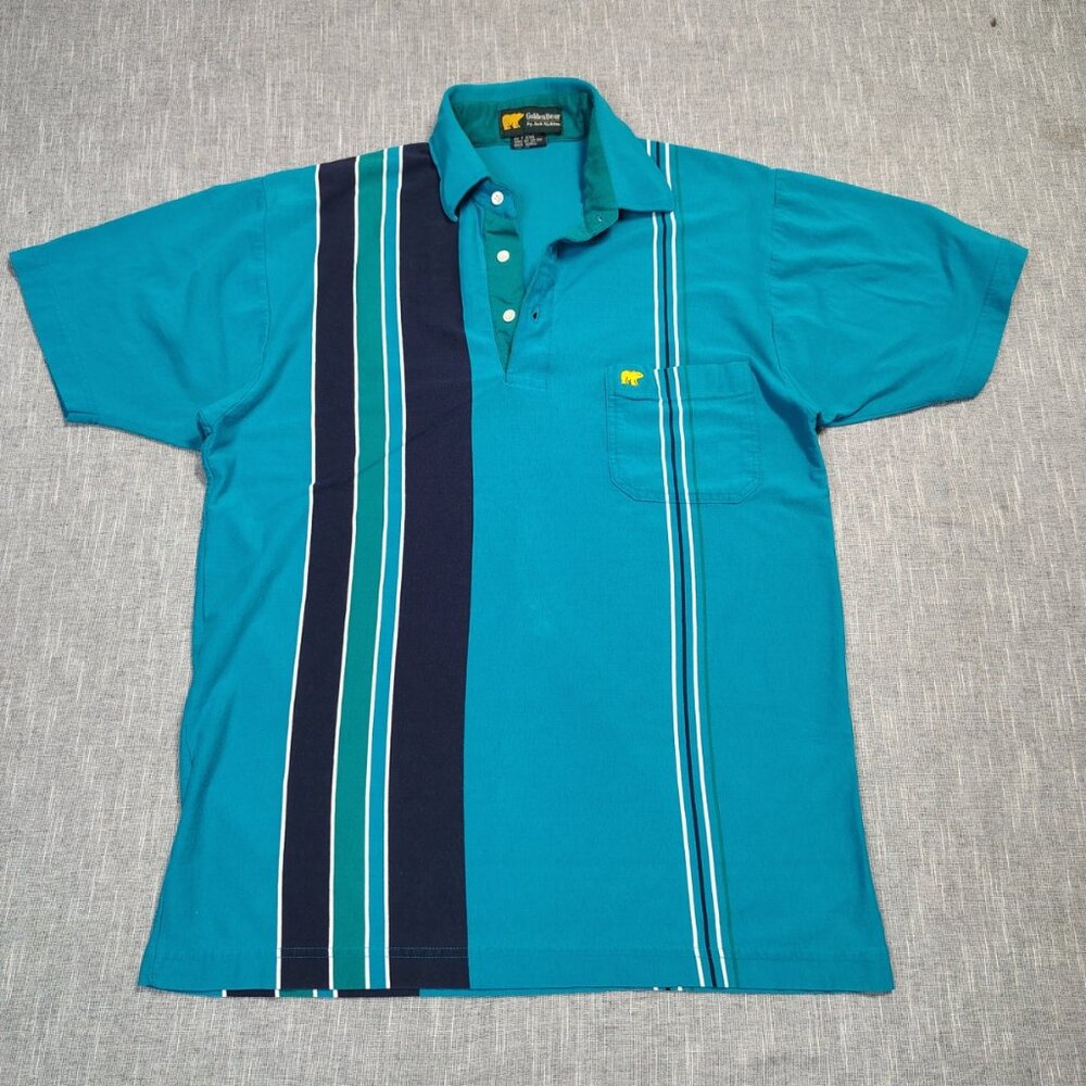 VINTAGE Jack Nicklaus Golden Bear Polo Blue Striped Golf Shirt